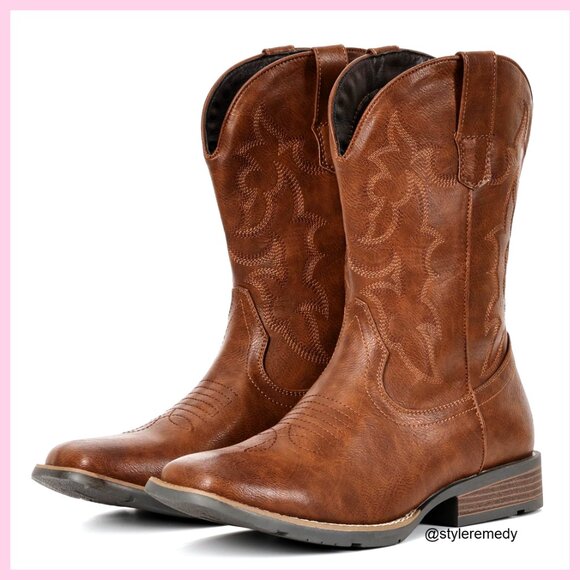 Men's Square Toe Cowboy Boots Pull-On Western Boots Slip Resistant